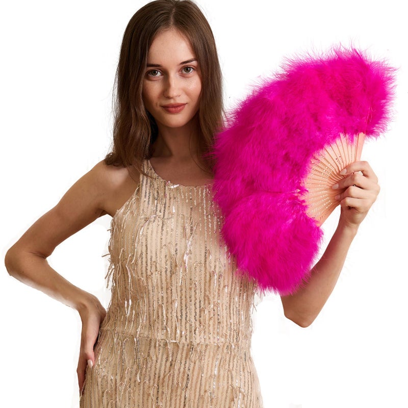 Happy Feather Handheld Marabou Feather Fan, 1920s Vintage Style Flapper Hand Fan for Costume Party and Dancing-Fuchsia - Image 5
